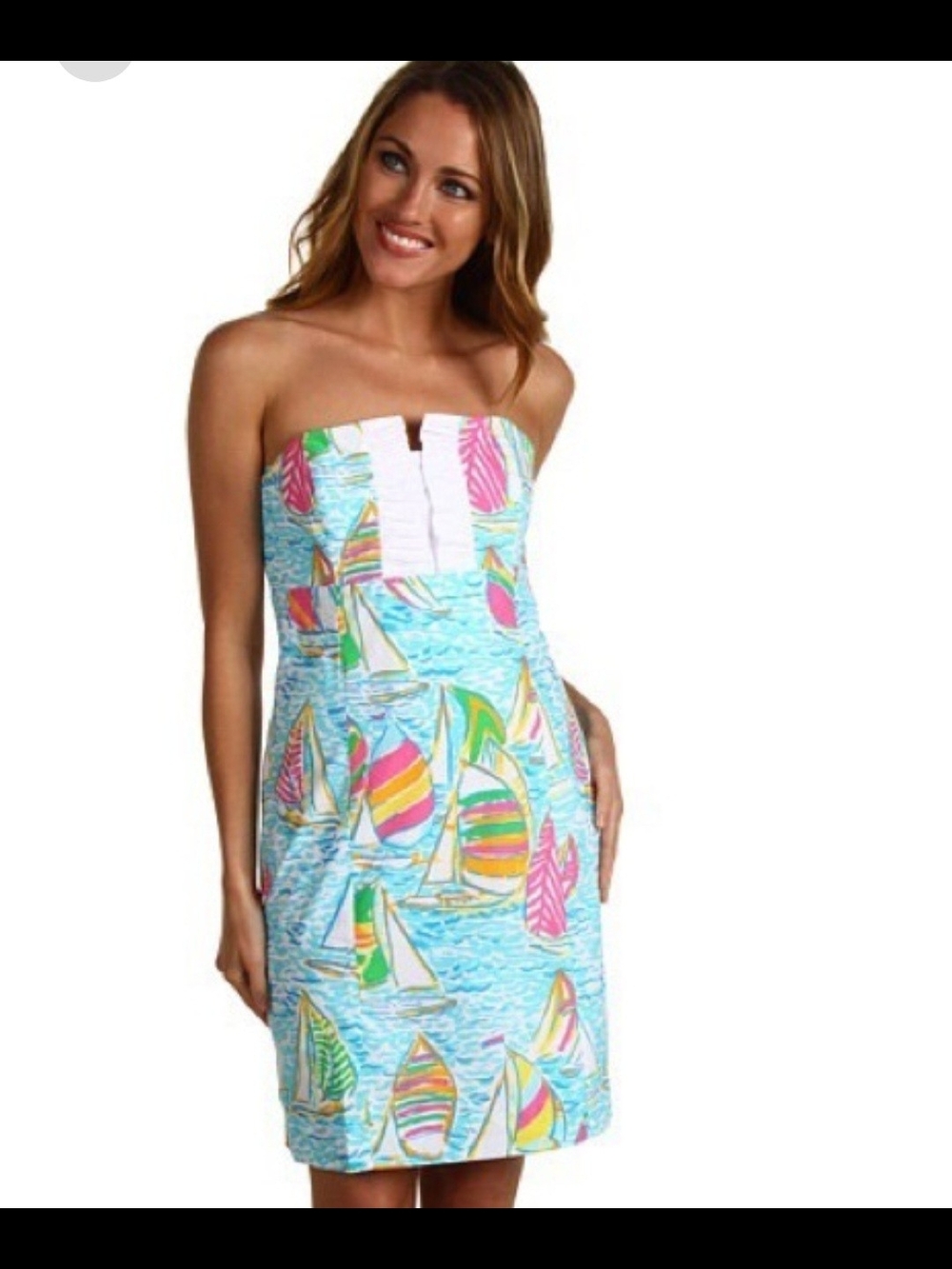 Lilly Pulitzer Strapless Sailboat Print Midi Dress in Aqua, Pink & Yellow